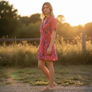 Peruvian Connection Castello Short Sleeve Floral Faux Wrap Dress Women's Size 4